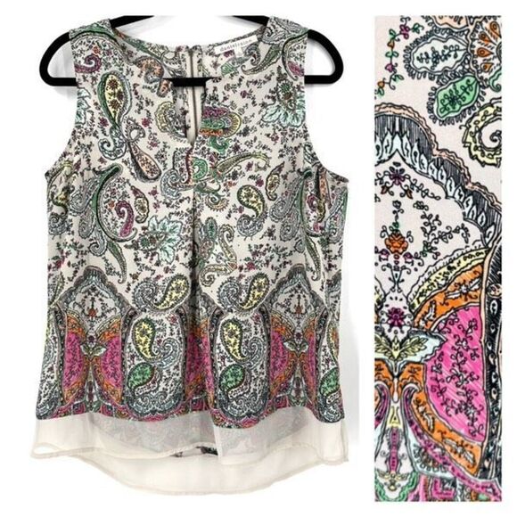 Daniel Rainn Women Sleeveless Paisley Floral Colorful Chiffon Blouse Medium Whit - Picture 1 of 16